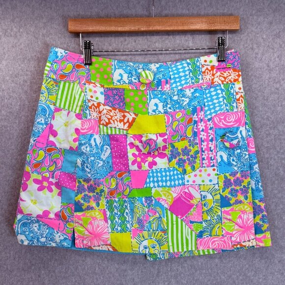 Lilly Pulitzer Mini Skirt Cotton Pink Blue Patchwork Women Size 6 Missing Button - Picture 1 of 15